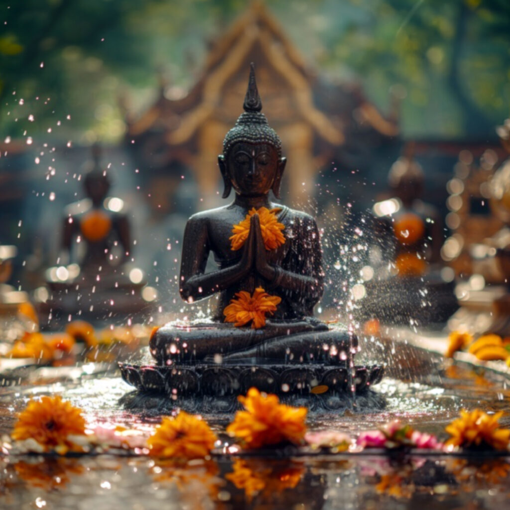 statue de bouddha et festivité de la fete des fleurs ceremonie bouddhique